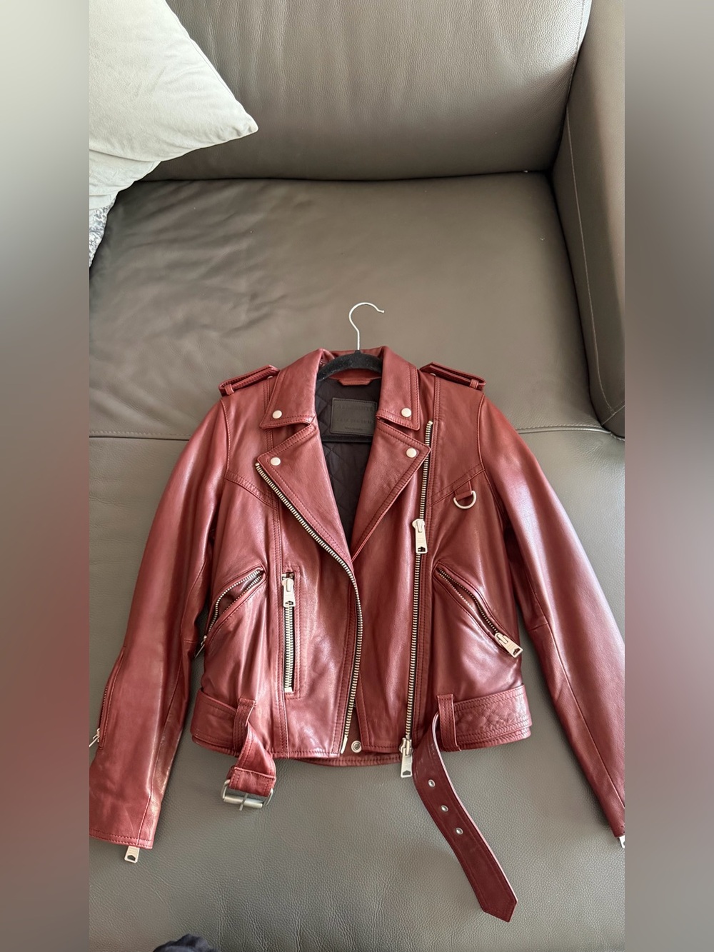 AllSaints Burgundy Leather Moto Jacket
